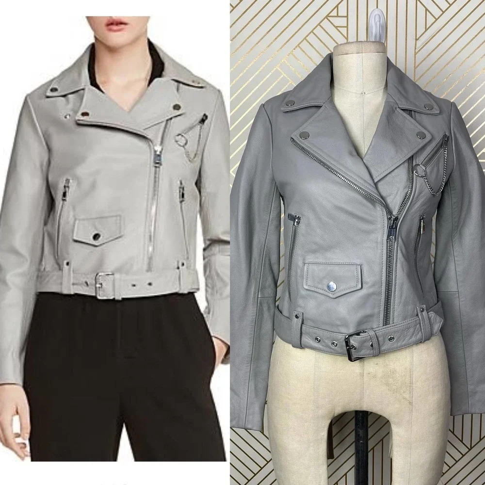 MAJE Bassung Belted Leather Motorcycle Jacket Gray